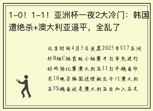 1-0！1-1！亚洲杯一夜2大冷门：韩国遭绝杀+澳大利亚逼平，全乱了
