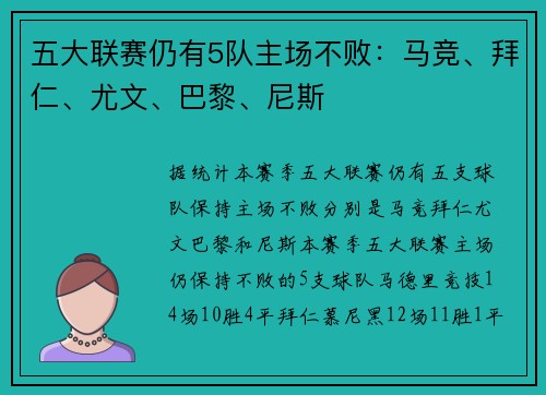 五大联赛仍有5队主场不败：马竞、拜仁、尤文、巴黎、尼斯